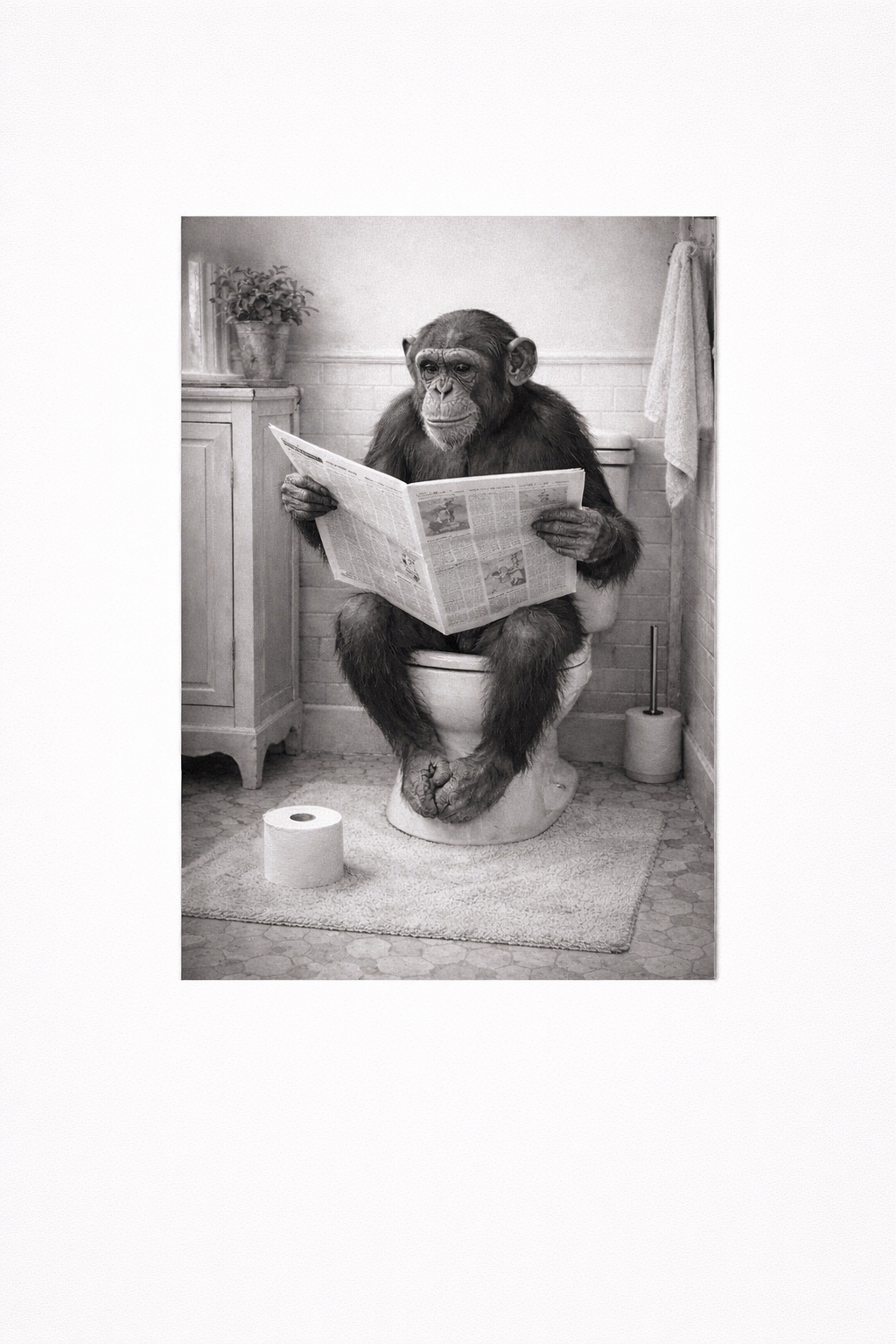 Chimpanzee Bathroom Wall Art Print – Black & White Funny Animal Toilet Photography - Viney Rees Prints