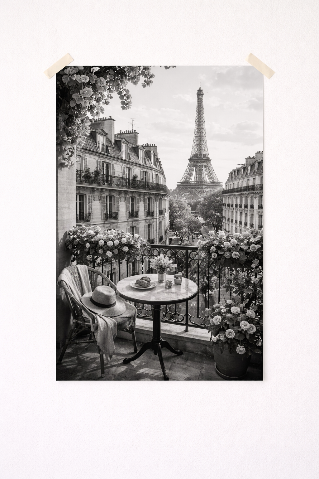 Paris Eiffel Tower Balcony Wall Art Print – Black & White Romantic Café View - Viney Rees Prints