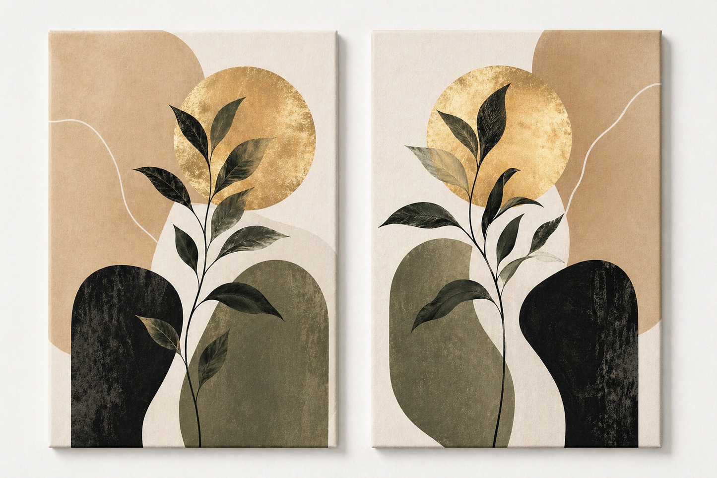Abstract Botanical Wall Art Set of 2 – Neutral Modern Leaf & Geometric Canvas Prints