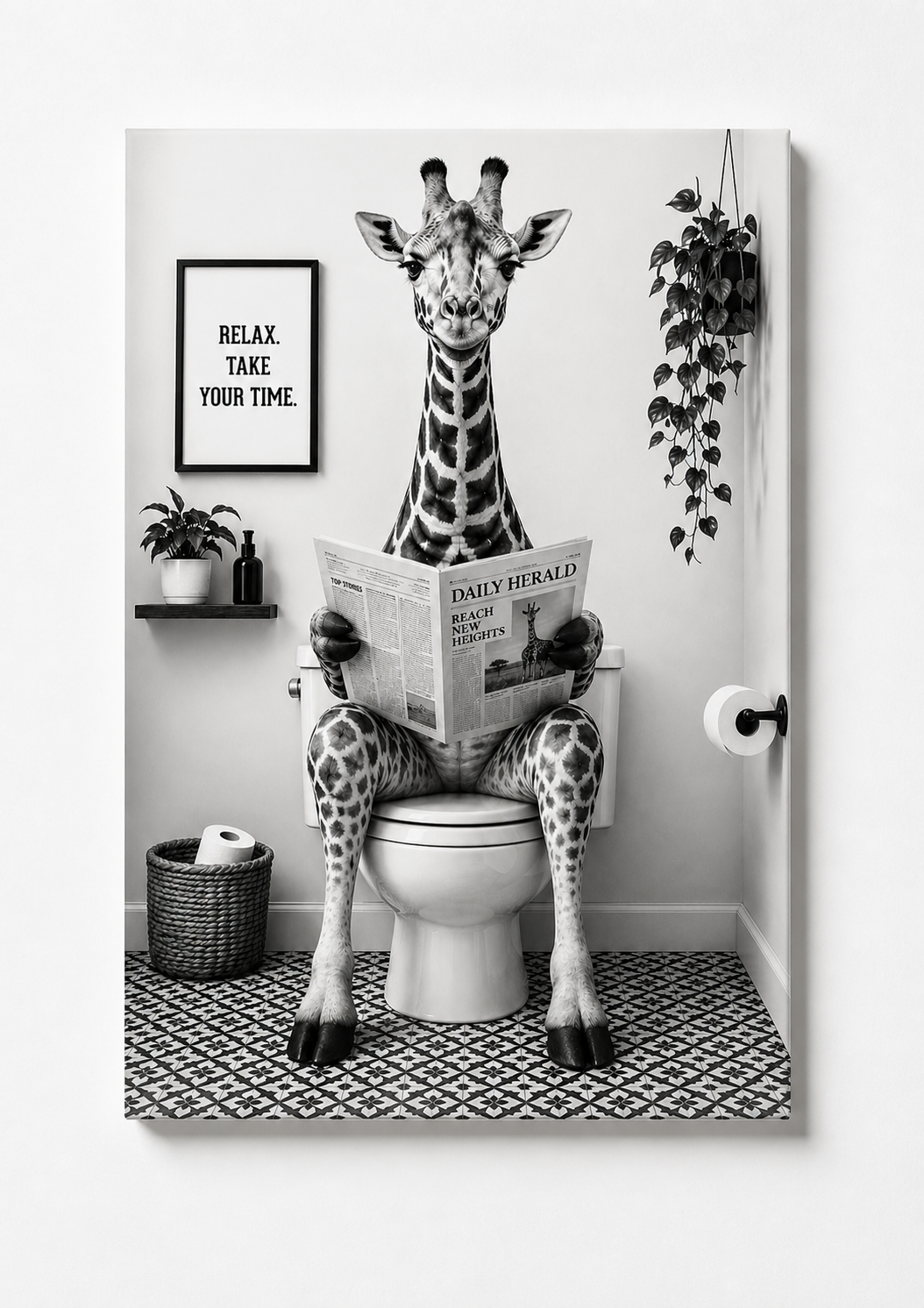 Funny Giraffe Bathroom Wall Art – Black & White Animal Toilet Humor Print