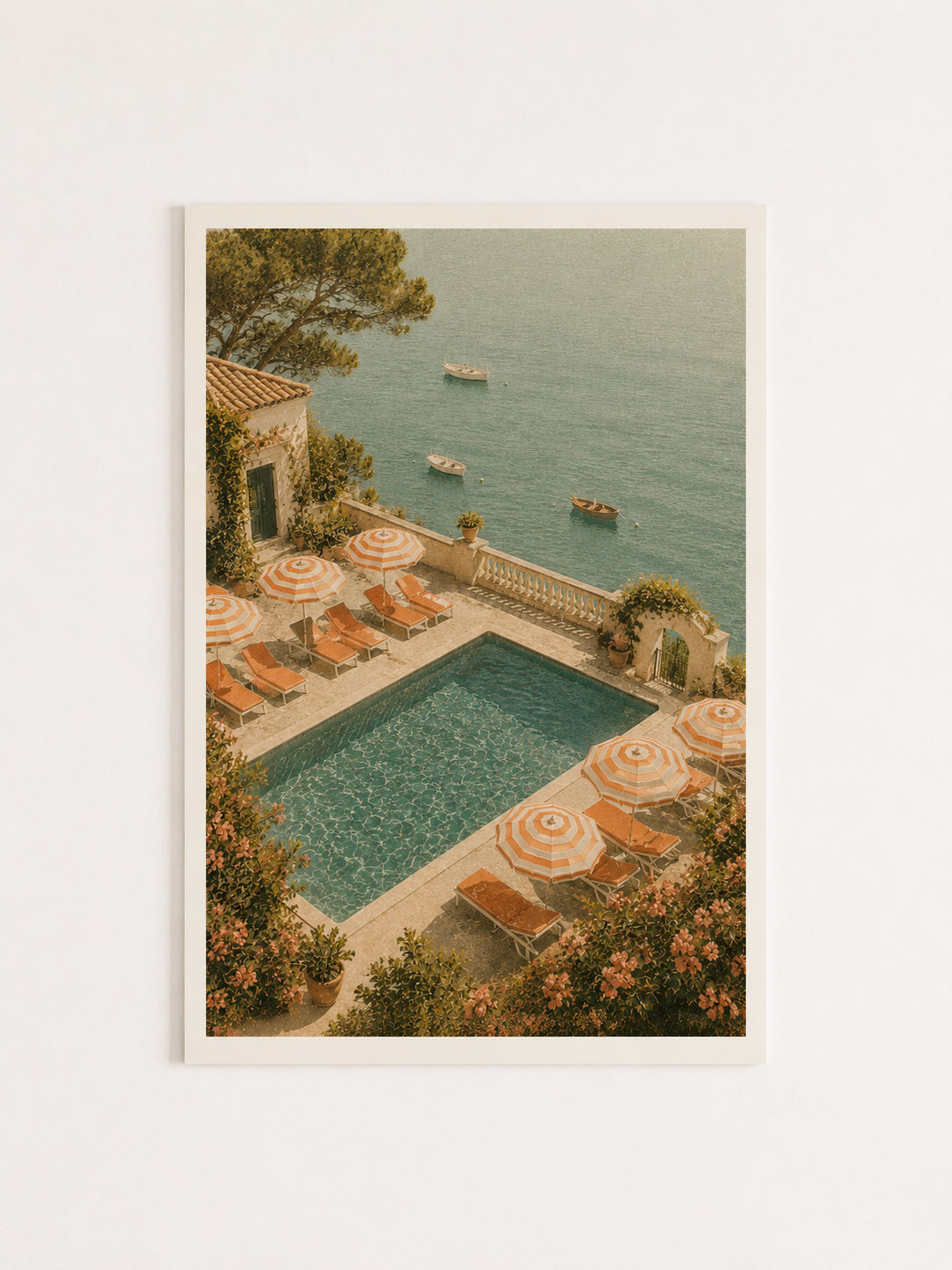 Mediterranean Coastal Pool Wall Art Print – Luxury Seaside Villa Summer Artwork