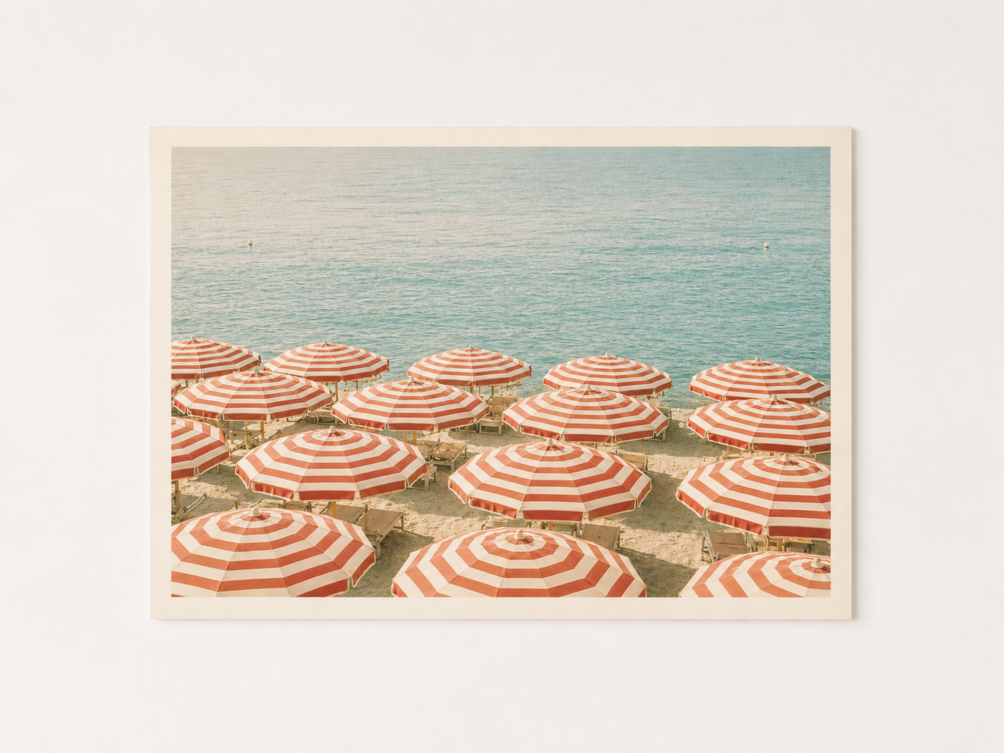 Striped Beach Umbrella Wall Art Print – Mediterranean Coastal Summer Photography