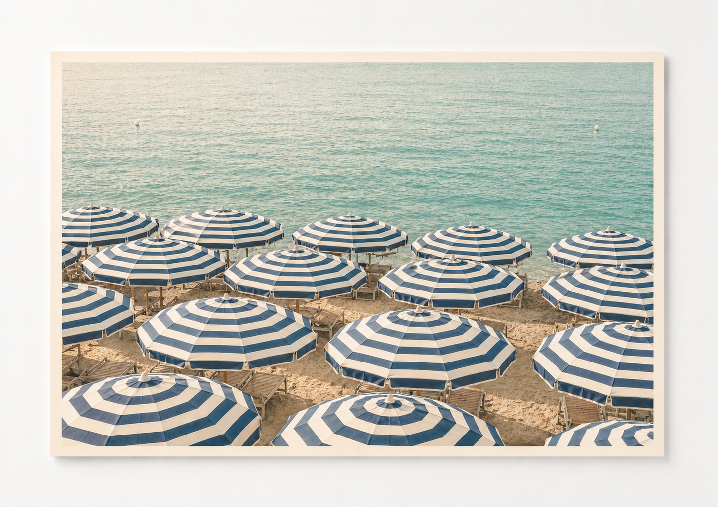 Blue Stripe Beach Umbrella Wall Art Print – Coastal Summer Panorama Artwork