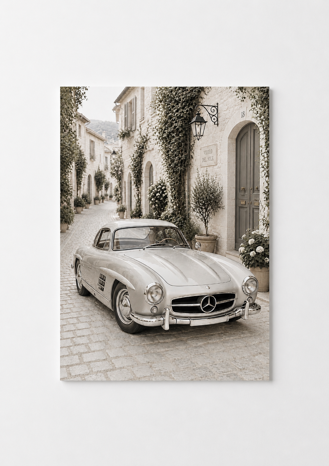 Classic Silver Gullwing Car Wall Art – Luxury European Vintage Automotive Print