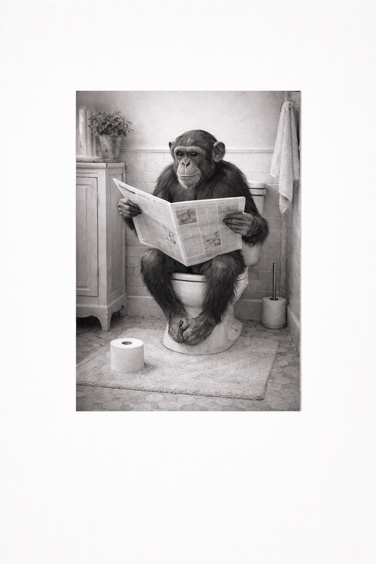 Chimpanzee Bathroom Wall Art Print – Black & White Funny Animal Toilet Photography - Viney Rees Prints