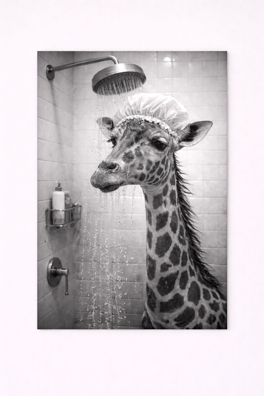 Giraffe Shower Wall Art Print – Black & White Funny Animal Bathroom Photography - Viney Rees Prints