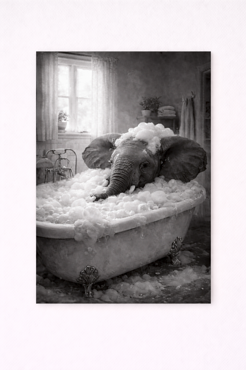 Elephant Bubble Bath Wall Art Print – Black & White Surreal Bathroom Photography - Viney Rees Prints