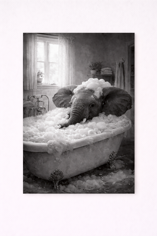 Elephant Bubble Bath Wall Art Print – Black & White Surreal Bathroom Photography - Viney Rees Prints