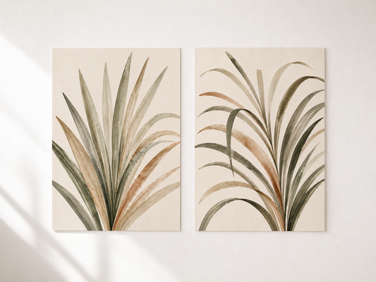 Neutral Botanical Wall Art Set of 2 – Modern Tropical Leaf Canvas Prints - Viney Rees Prints