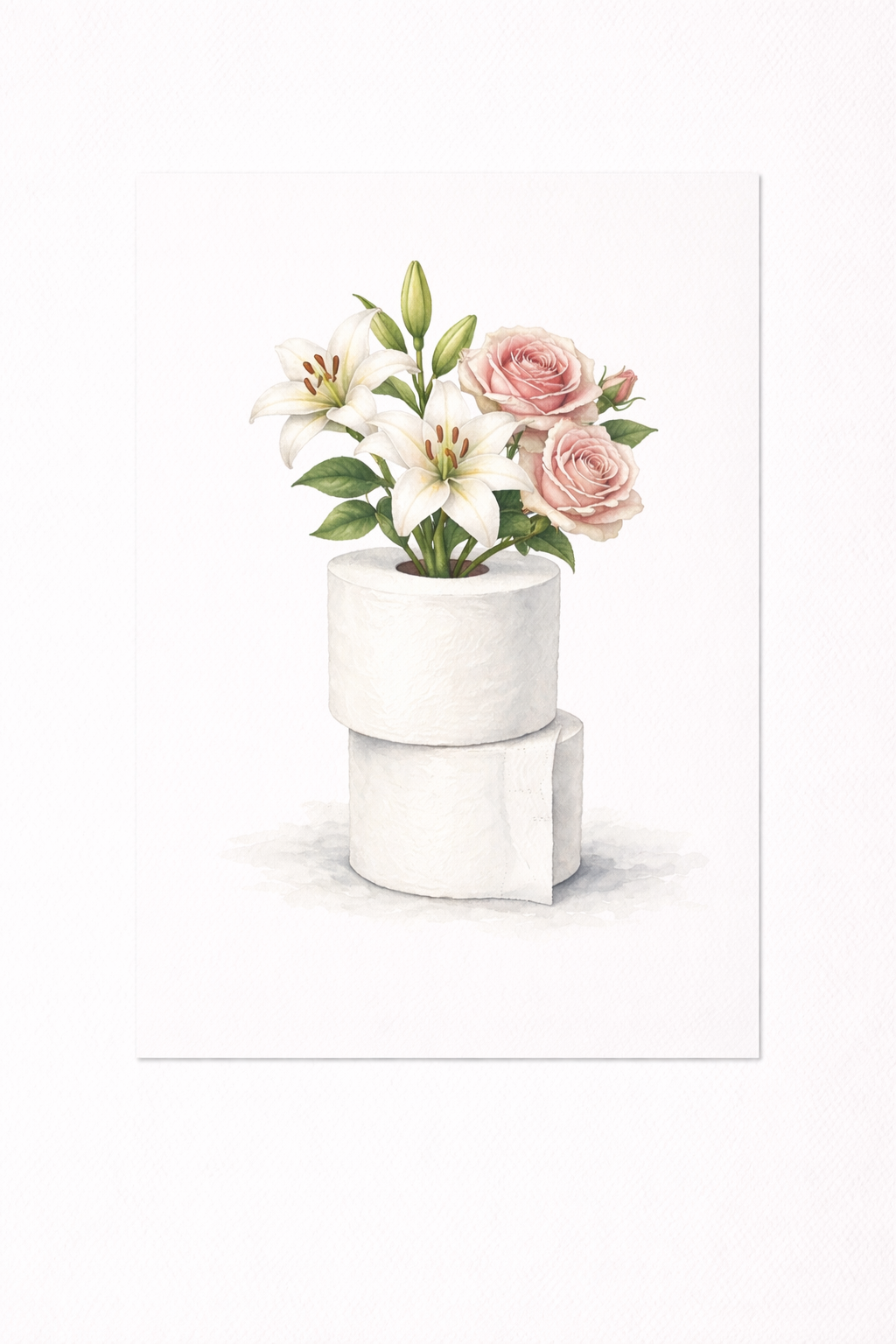 Minimalist Floral Toilet Paper Art Print – Whimsical Lily & Rose Bathroom Wall Decor - Viney Rees Prints