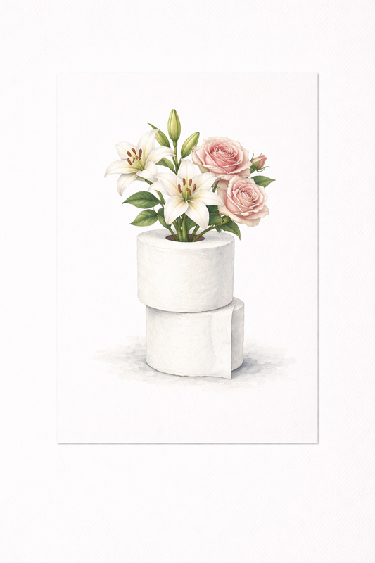 Minimalist Floral Toilet Paper Art Print – Whimsical Lily & Rose Bathroom Wall Decor - Viney Rees Prints