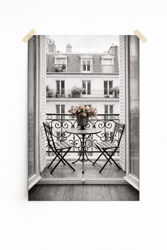 Paris Balcony Wall Art Print – Romantic French Window View with Café Table - Viney Rees Prints
