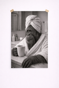 Funny Monkey Bathroom Wall Art – Spa Orangutan Coffee Print (Black & White) - Viney Rees Prints