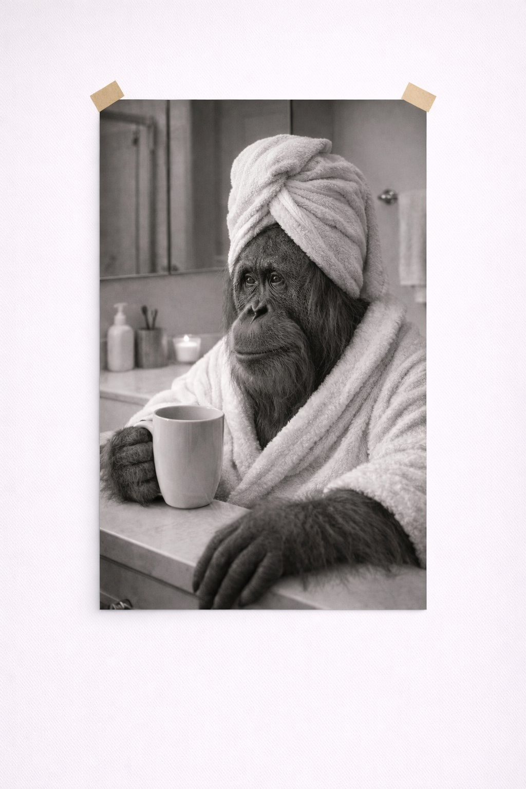 Funny Monkey Bathroom Wall Art – Spa Orangutan Coffee Print (Black & White) - Viney Rees Prints