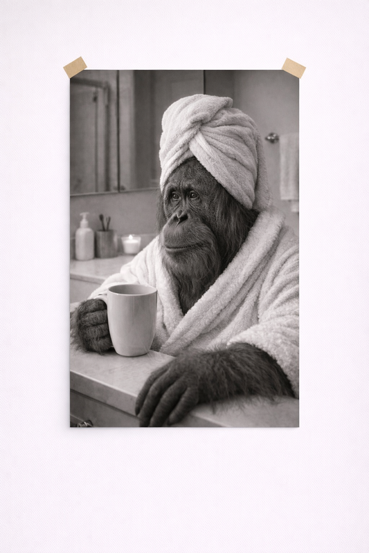 Funny Monkey Bathroom Wall Art – Spa Orangutan Coffee Print (Black & White) - Viney Rees Prints