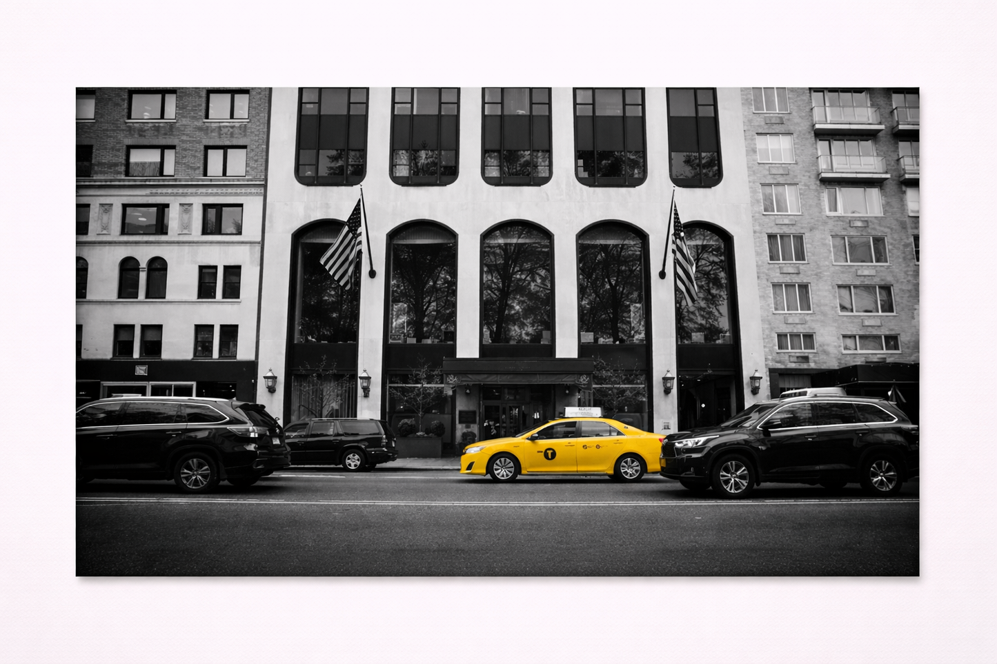 New York Taxi Wall Art – Black & White City Street with Yellow Cab Canvas Print - Viney Rees Prints