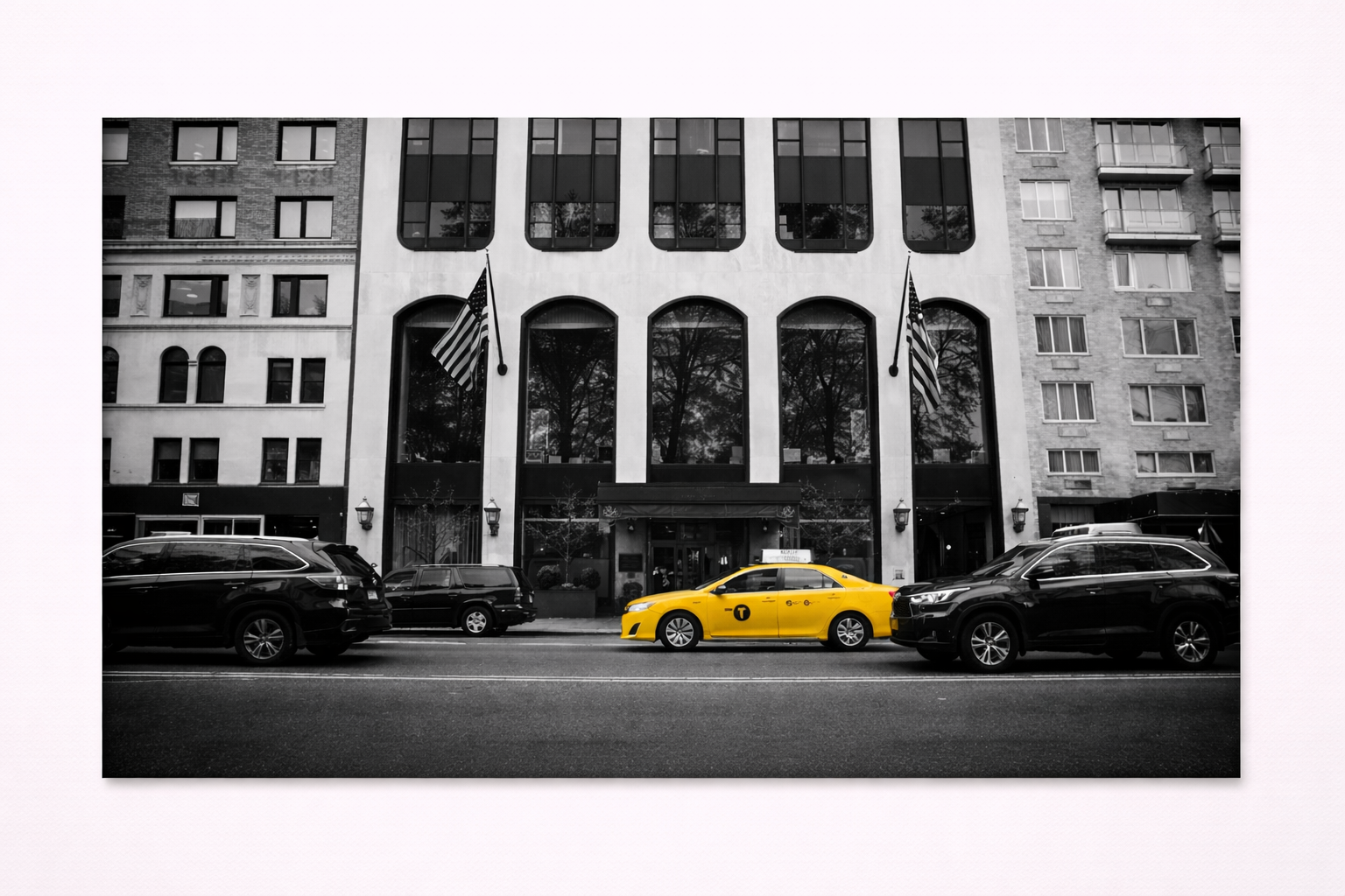 New York Taxi Wall Art – Black & White City Street with Yellow Cab Canvas Print - Viney Rees Prints