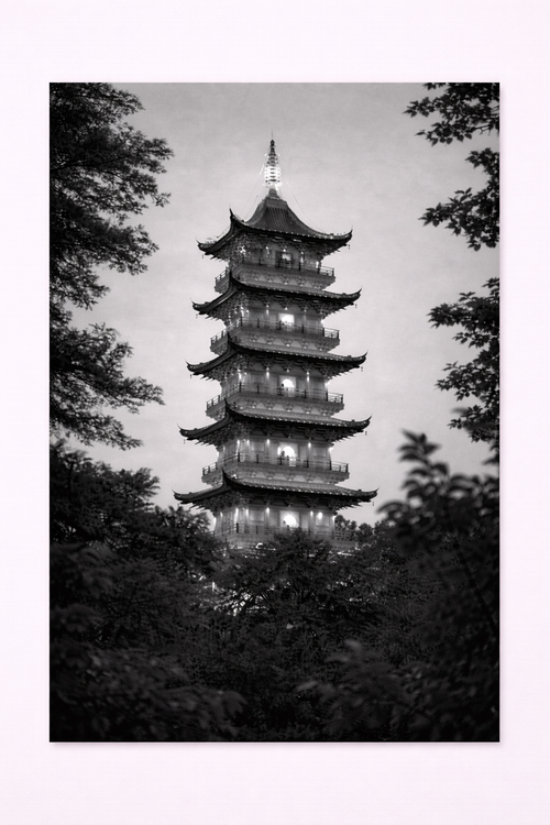 Black & White Japanese Pagoda Wall Art – Serene Zen Architecture Print - Viney Rees Prints