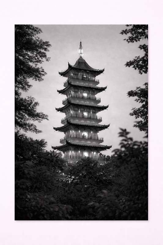 Black & White Japanese Pagoda Wall Art – Serene Zen Architecture Print - Viney Rees Prints
