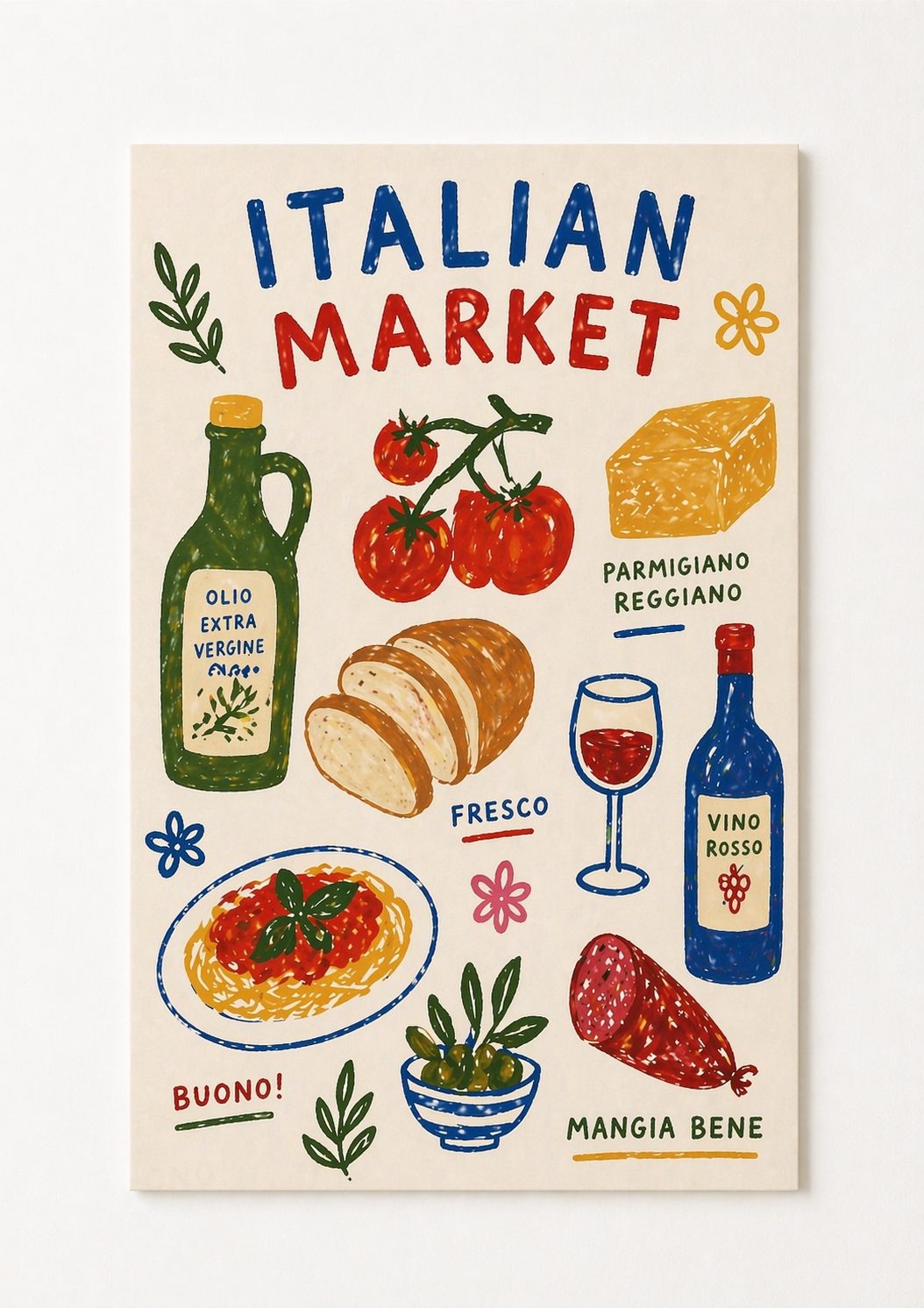 Italian Market Kitchen Print – Rustic Food Illustration Wall Art - Viney Rees Prints