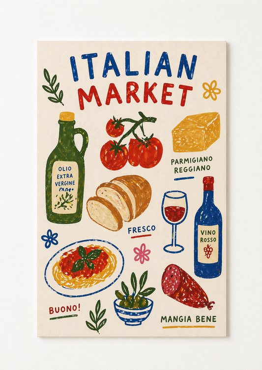 Italian Market Kitchen Print – Rustic Food Illustration Wall Art - Viney Rees Prints