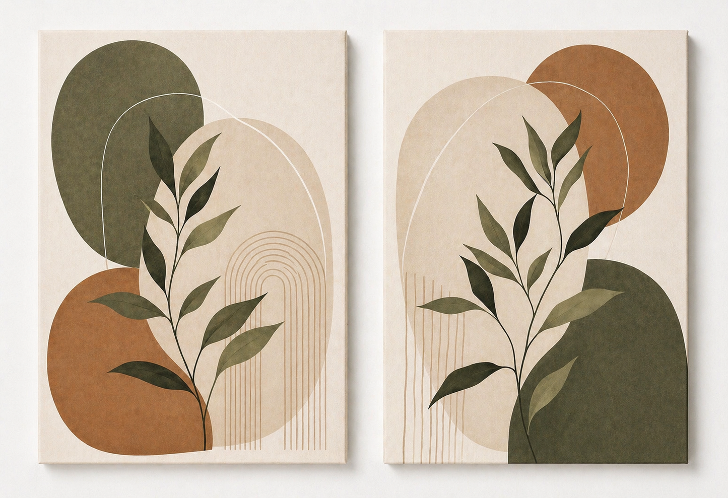 Abstract Botanical Wall Art Set of 2 – Modern Neutral Geometric Leaf Prints