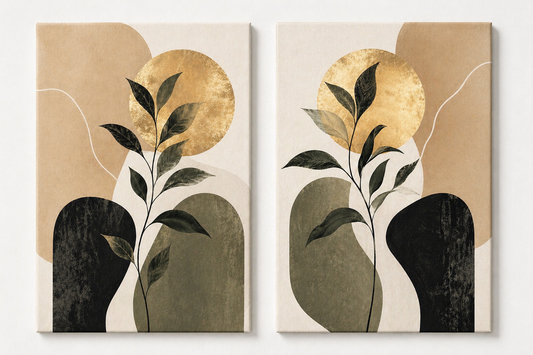 Abstract Botanical Wall Art Set of 2 – Neutral Modern Leaf & Geometric Canvas Prints