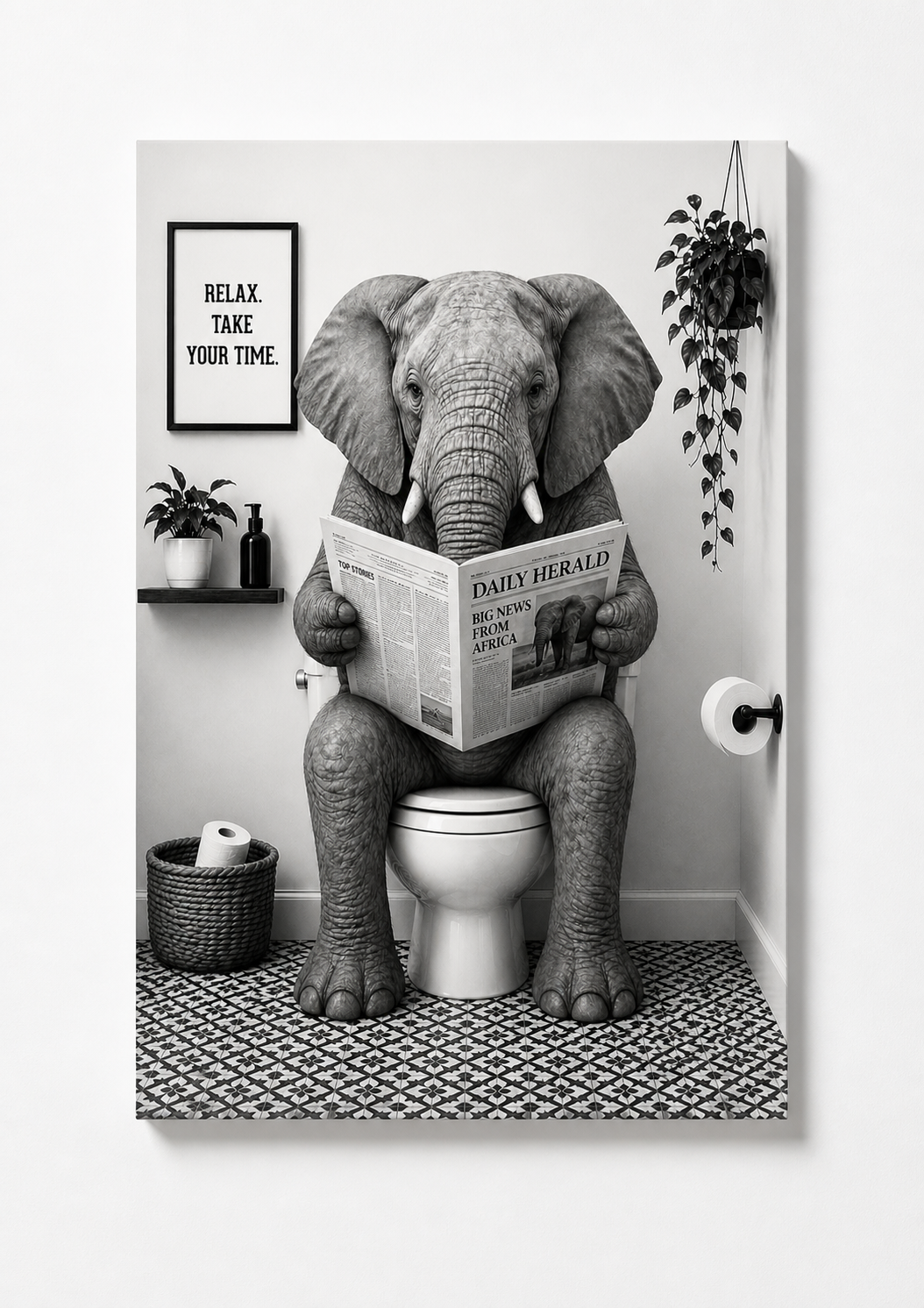 Funny Elephant Bathroom Wall Art – Black & White Animal Toilet Humor Print