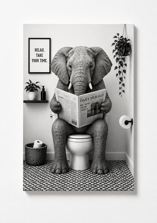 Funny Elephant Bathroom Wall Art – Black & White Animal Toilet Humor Print