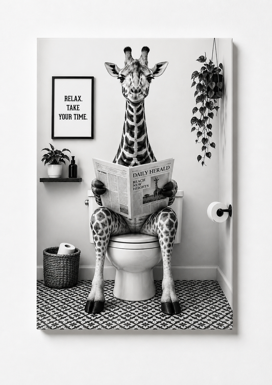 Funny Giraffe Bathroom Wall Art – Black & White Animal Toilet Humor Print