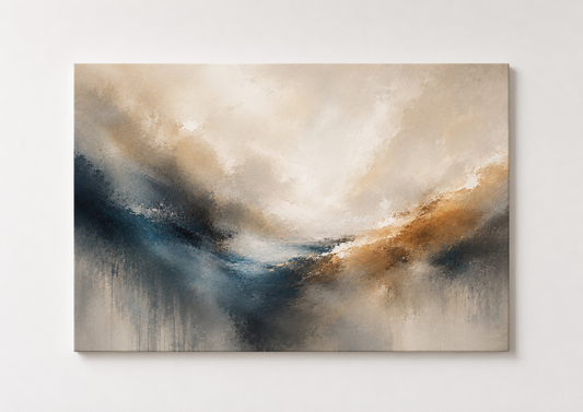 Modern Abstract Landscape Wall Art – Neutral Blue & Gold Panoramic Print