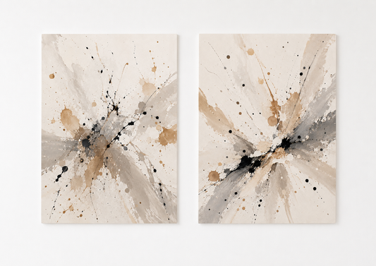 Neutral Abstract Wall Art Set of 2 – Modern Beige Burst Diptych Prints