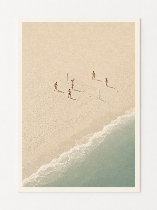Minimalist Beach Volleyball Wall Art Print – Coastal Aerial Beach Scene