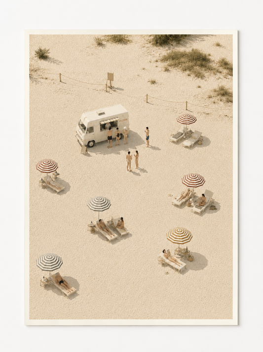 Minimalist Beach Day Wall Art Print – Coastal Umbrella & Ice Cream Truck Scene
