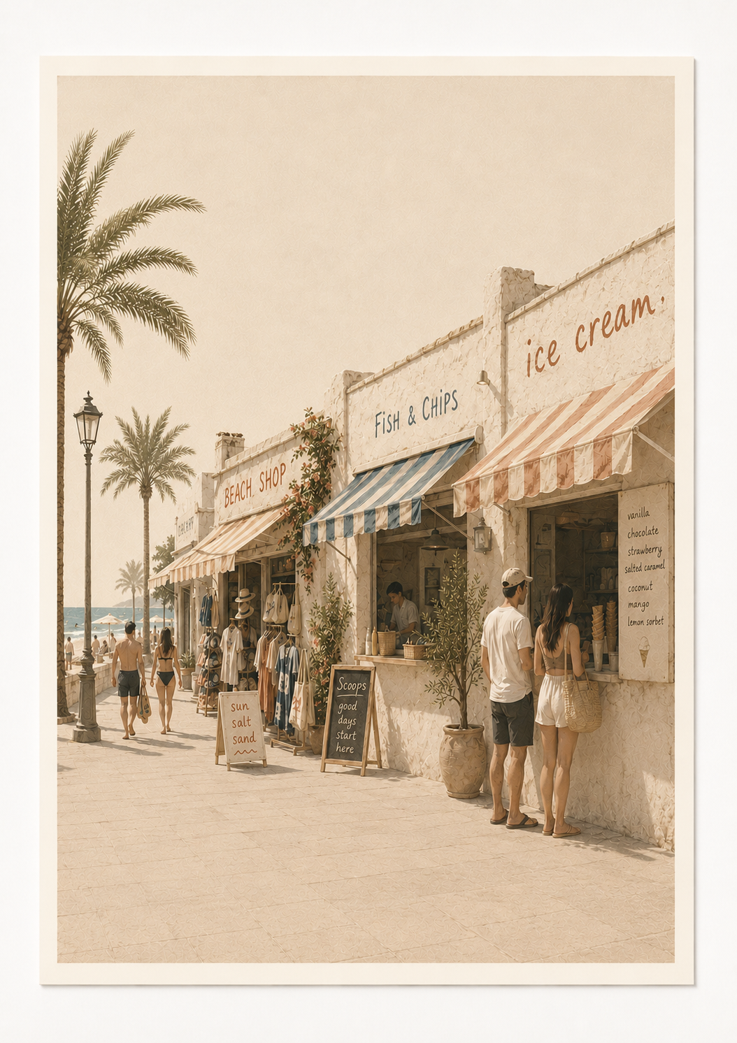 Mediterranean Beach Street Wall Art Print – Coastal Café & Ice Cream Shop Artwork