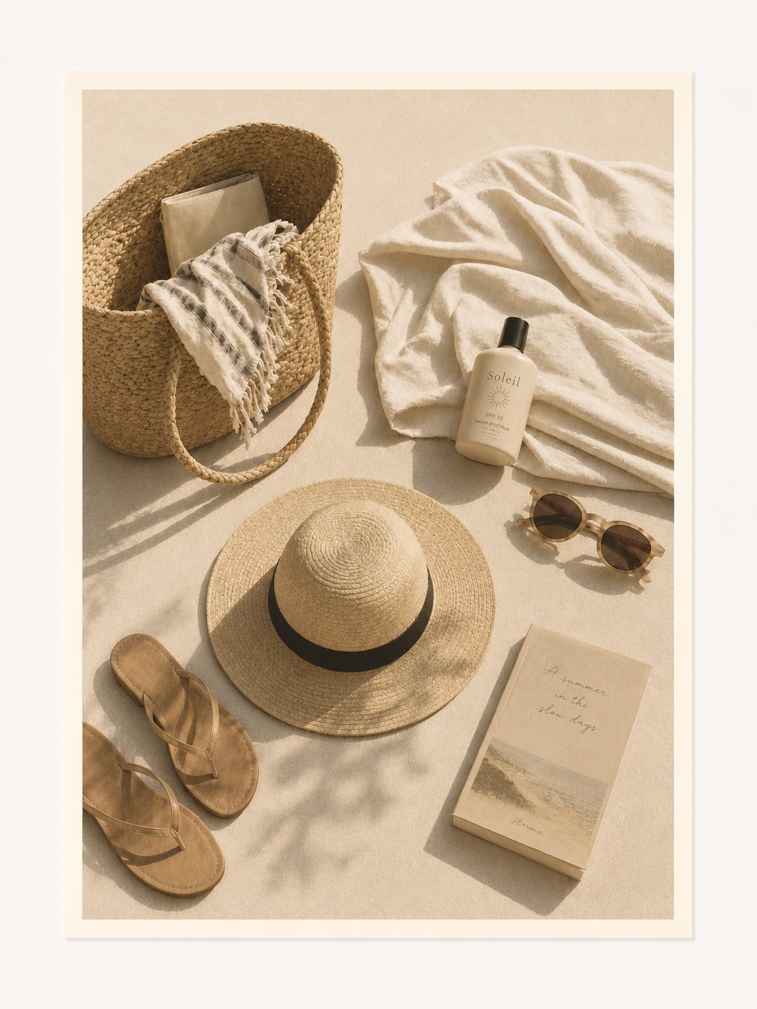 Minimalist Beach Essentials Wall Art Print – Neutral Coastal Summer Flat Lay Artwork