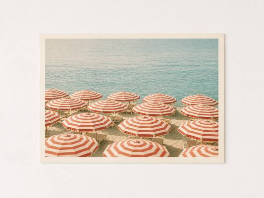 Striped Beach Umbrella Wall Art Print – Mediterranean Coastal Summer Photography