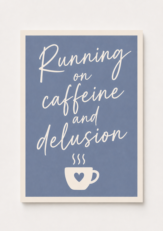 “Running on Caffeine and Delusion” Funny Coffee Quote Wall Art – Minimalist Kitchen Print