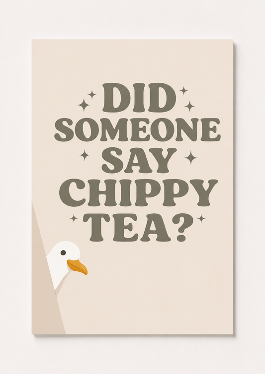 Funny “Chippy Tea” Wall Art Print – Cute Seagull Kitchen Quote Poster