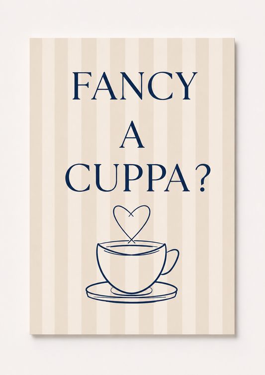 Fancy A Cuppa Wall Art Print – Pink Striped Tea Quote Poster