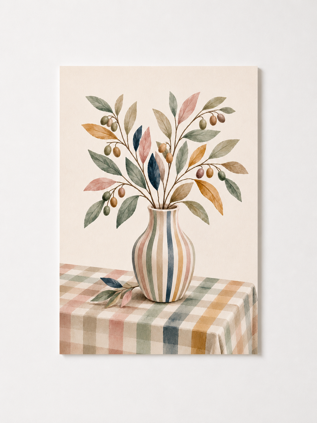 Olive Branch Still Life Wall Art – Striped Vase Mediterranean Print