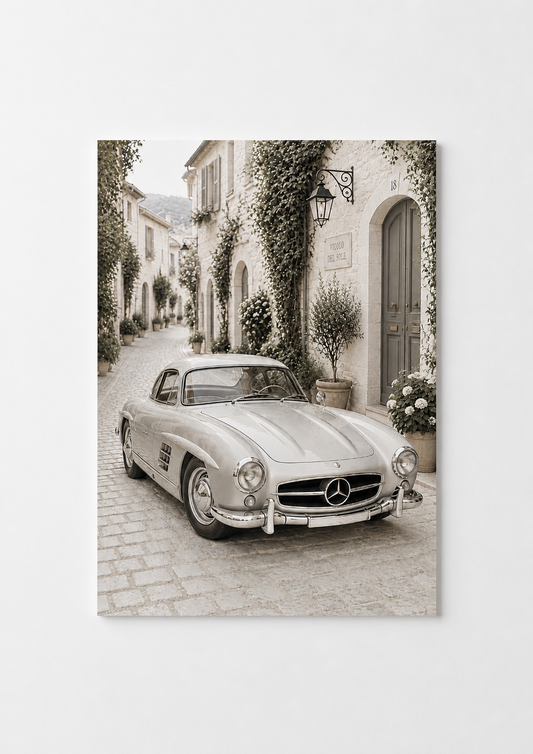 Classic Silver Gullwing Car Wall Art – Luxury European Vintage Automotive Print