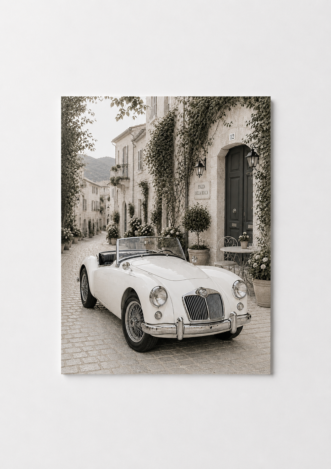 Vintage White Convertible Wall Art – Romantic Italian Street Car Photography Print