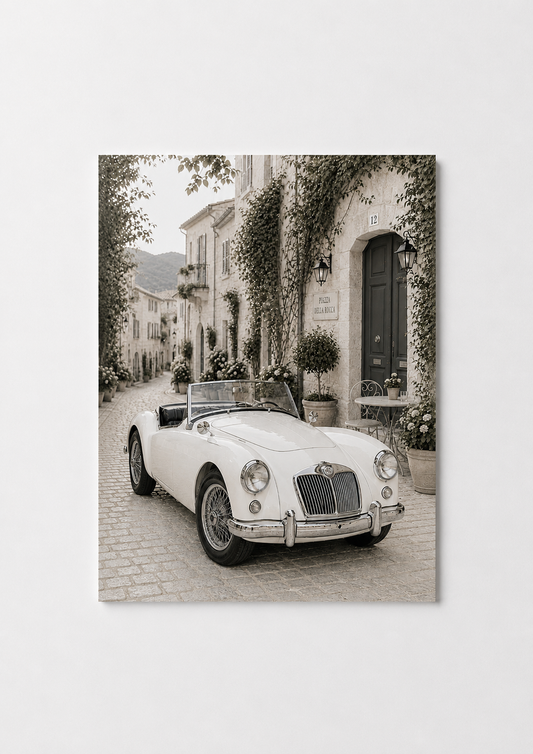 Vintage White Convertible Wall Art – Romantic Italian Street Car Photography Print