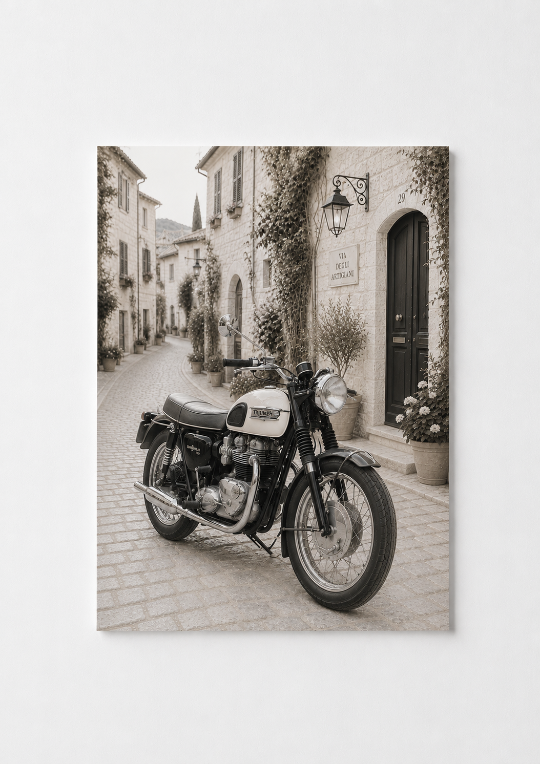 Vintage Motorcycle Wall Art – Classic European Street Café Photography Print