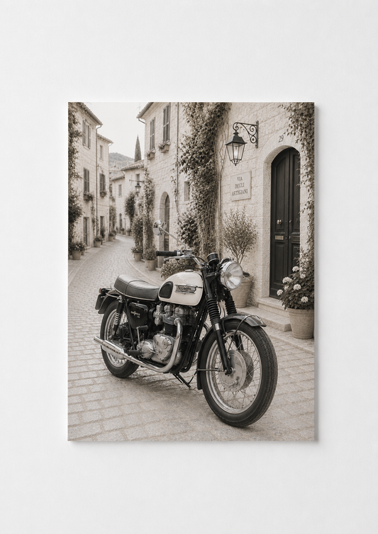 Vintage Motorcycle Wall Art – Classic European Street Café Photography Print